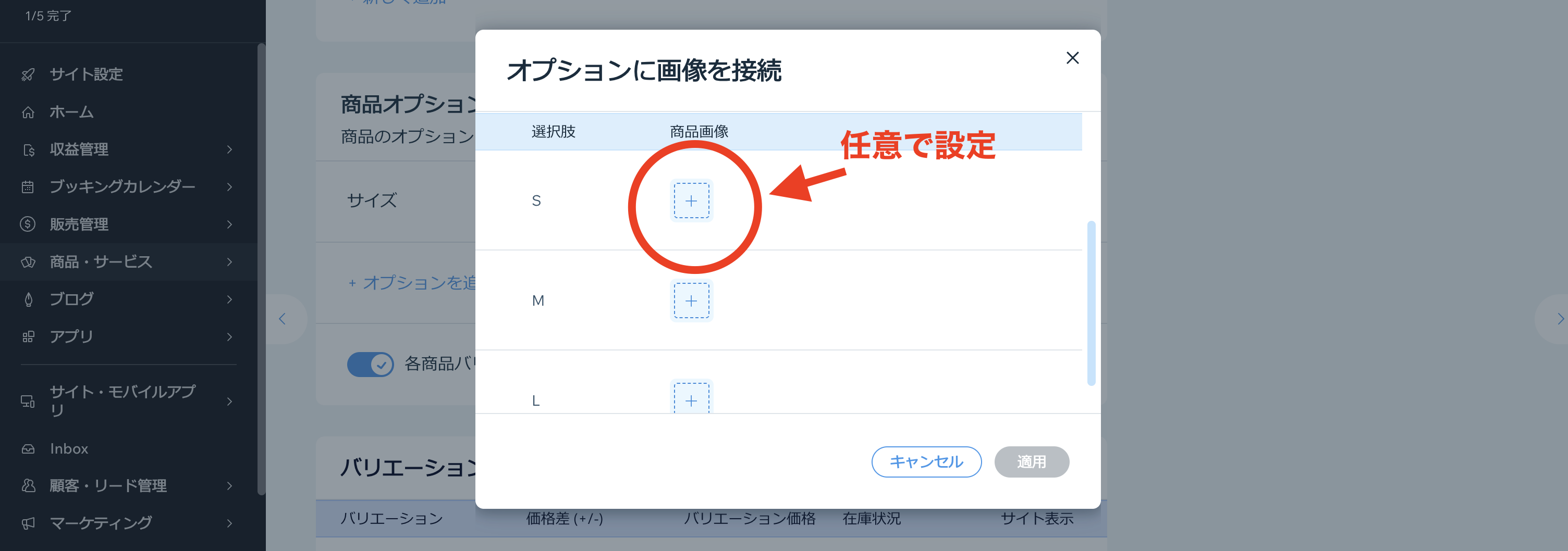 バリエーション画像の選択と割当て